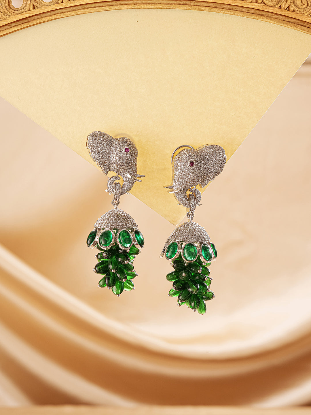 Silver Plated Green Emerald Green AD Zircon Studded Designer Elephant Motif Dangler Earrings